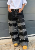 Women Deconstructed Black and Gray Patchwork Frayed Denim Pants