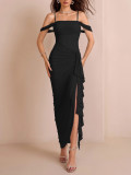 Women Sexy Backless Pleated Irregular Slit Mesh Strap Dress