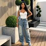 Women Washed Ripped Distressed Denim Pants