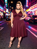 Plus Women V-neck pleated dress