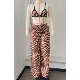 Women Leopard Print Sexy Backless Top and Mesh Pants Two-Piece Set
