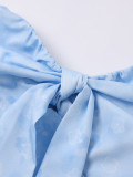 Women Strapless Bow Lace-Up Sexy Backless Pleated Printed Maxi Dress