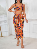 Women Summer Printed Crop Top and Skirt Two-Piece Set