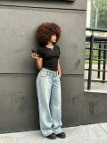 Women Double Waistband Light Washed Distressed Denim Pants
