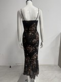 Women Summer Print Sexy Lace Patchwork Asymmetrical Maxi Strap Dress