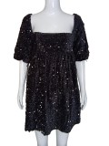 Women Square Neck Puff Sleeve Sequin Birthday Mini Dress