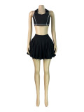Women Turndown Collar Tank Top and Pleated Skirt Two-Piece Set