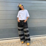 Women Deconstructed Black and Gray Patchwork Frayed Denim Pants