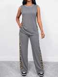 Women Casual Leopard Print Patchwork Sleeveless Vest Top and Wide-Leg Pants Two-Piece Set
