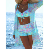 Women Sexy Long-Sleeved Mesh Cover-Up Swimwear Three-Piece