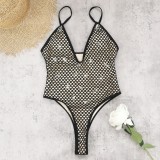 Women Sleeveless Strapless Mesh Hollow-Out Rhinestone One-Piece Swimwear