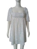 Women Square Neck Puff Sleeve Sequin Birthday Mini Dress