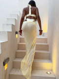 Women Sexy Hollow-Out Halter Neck Jumpsuit and Skirt Two-Piece Set