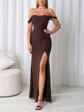 Women Mesh Backless High Slit Off-Shoulder Pleated Bodycon Maxi Strap Dress