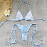 Women Striped Plaid Print Sexy Lace-Up Backless Two-Piece Swimwear