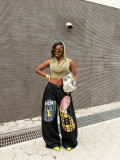 Women Checkered Number Patchwork Embroidered Denim Pants
