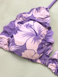Women Halter Neck Tie-Up Sexy Floral Print Ruffle Edge Swimwear Two-Piece