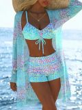 Women Sexy Long-Sleeved Mesh Cover-Up Swimwear Three-Piece