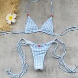 Women Striped Plaid Print Sexy Lace-Up Backless Two-Piece Swimwear