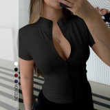 Women Summer Zipper Stand Collar Stretchy T-Shirt