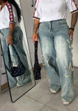 Women Star-Embellished Washed Denim Pants