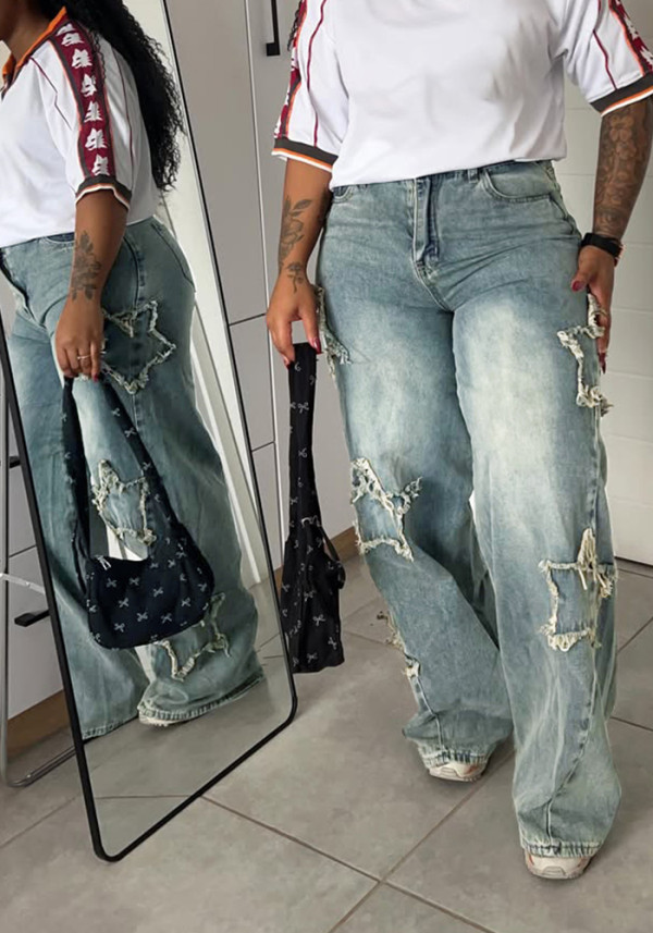 Women Star-Embellished Washed Denim Pants