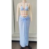 Women Striped Plaid Print Sexy Lace-Up Backless Two-Piece Swimwear