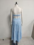 Women Strapless Bow Lace-Up Sexy Backless Pleated Printed Maxi Dress