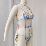 Women Bikini Lace-Up Sexy Backless Printed Two-Piece Swimwear
