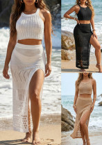 Women Round Neck Short Top Slit Skirt Two-Piece Set