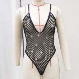 Women Sleeveless Strapless Mesh Hollow-Out Rhinestone One-Piece Swimwear