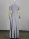 Women Pearl Round Neck Short-Sleeve Top + Slit Skirt Two-Piece Set
