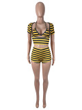 Women Sexy Striped Printed Short-Sleeve Top, Tank Top, and Shorts Three-Piece Set