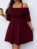 Plus Size Women Burgundy Off-Shoulder Ruffle Half-Sleeve Mini Dress