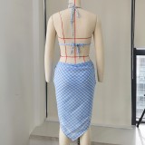 Women Striped Plaid Print Sexy Lace-Up Backless Two-Piece Swimwear