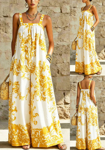 Women Holidays Printed Spaghetti Strap Wide-Leg Jumpsuit