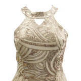 Women Champagne Sequin Halter Neck Mesh Dress