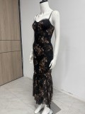 Women Summer Print Sexy Lace Patchwork Asymmetrical Maxi Strap Dress