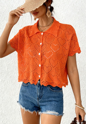 Women Hollow-Out Machine-Knitted Heart Print Jacquard Beach Short Cover-Up Top