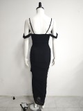 Women Sexy Backless Pleated Irregular Slit Mesh Strap Dress