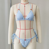 Women Striped Plaid Print Sexy Lace-Up Backless Two-Piece Swimwear