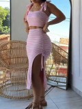 Women Summer Striped Casual Holidays Tie-Up Crop Top Drawstring Side Slit Skirt Two-Piece Set