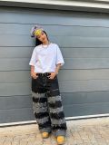 Women Deconstructed Black and Gray Patchwork Frayed Denim Pants