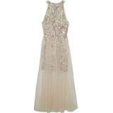 Women Champagne Sequin Halter Neck Mesh Dress