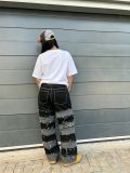 Women Deconstructed Black and Gray Patchwork Frayed Denim Pants