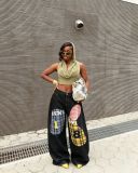 Women Checkered Number Patchwork Embroidered Denim Pants