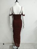 Women Sexy Backless Pleated Irregular Slit Mesh Strap Dress