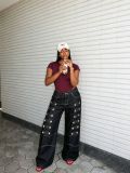 Women Metal Rivet Stitched Five-Pocket Denim Pants
