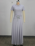 Women Pearl Round Neck Short-Sleeve Top + Slit Skirt Two-Piece Set