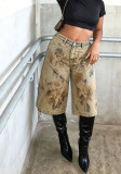 Women Washed Dirty Denim Capri Pants